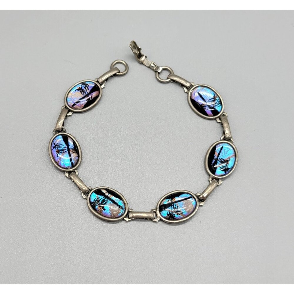 Vintage Silver Tone Palm Tree Beach Blue Hoffman Signed Wrap Bracelet B1A